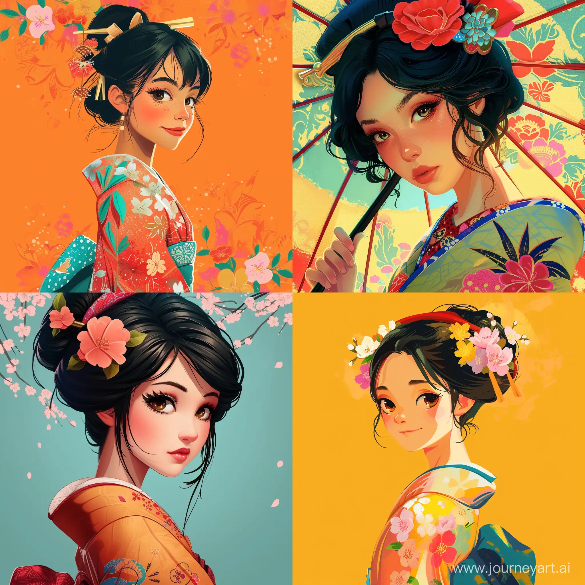 Japanese girl;disney illustration style, vibrant colours