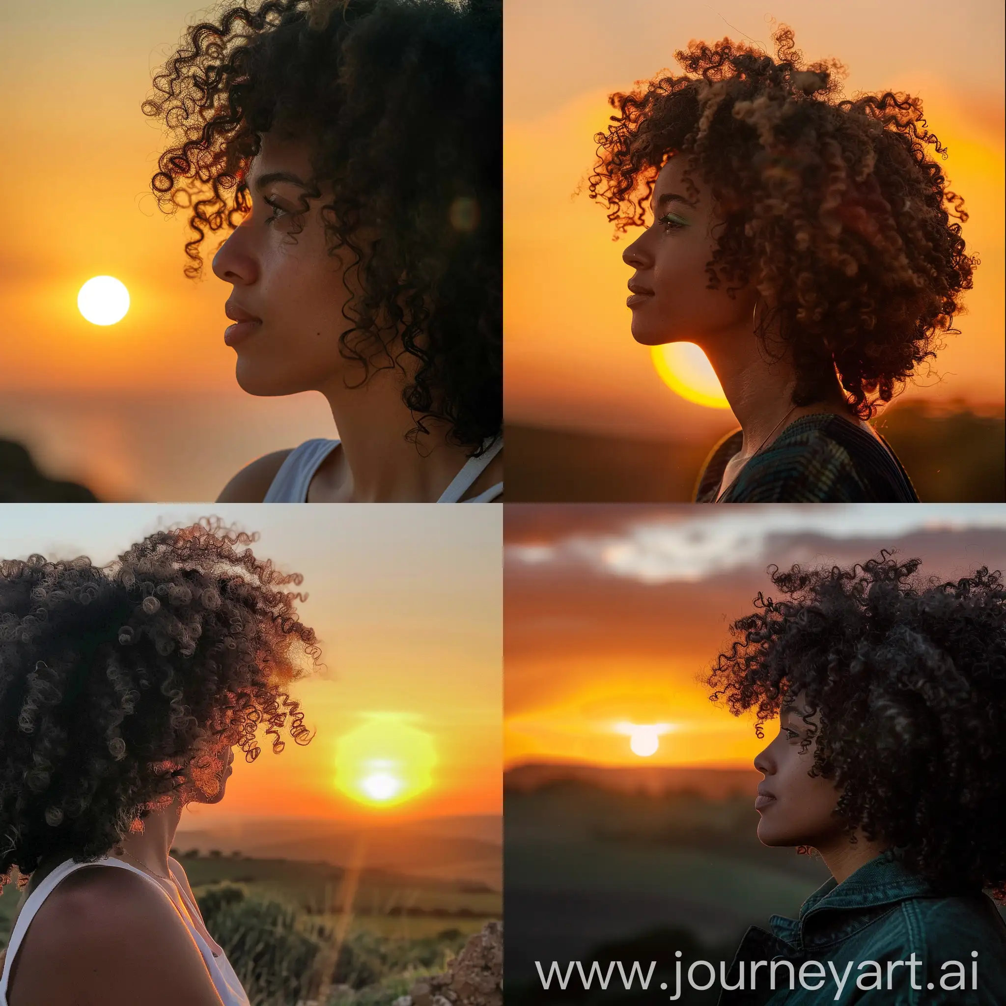 Serene-Sunset-Observation-CurlyHaired-Woman-in-Captivating-Moment