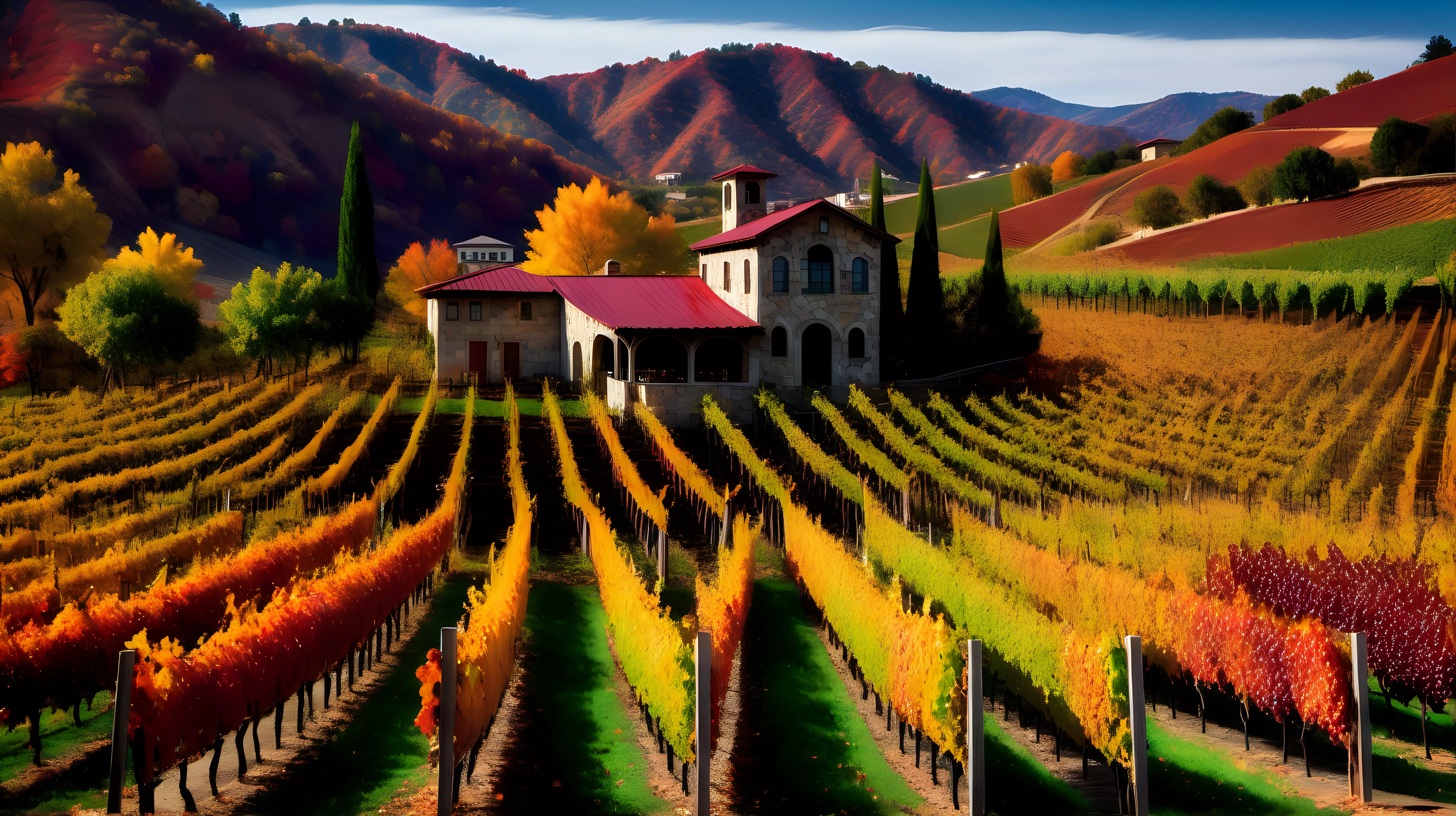 Rustic Winery Surrounded by Vibrant Autumn Grapevines
