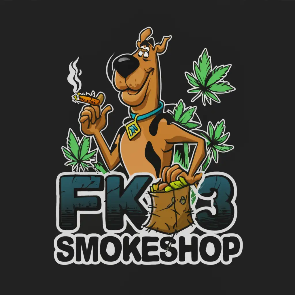 a logo design, with the text 'FK3 SmokeShop', main symbol: Scooby-Doo smoking a joint with a bag of weed, Moderate, clear background