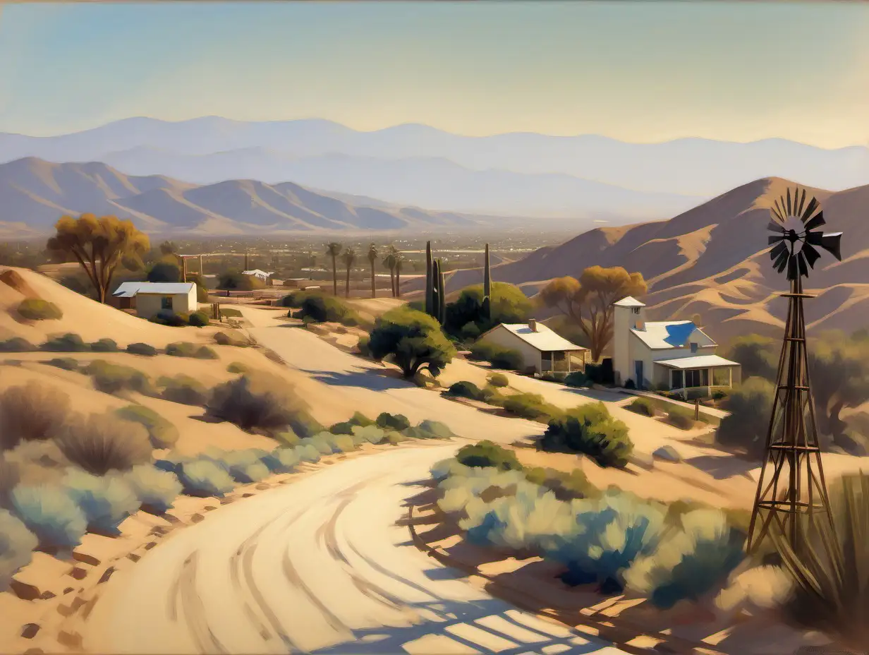 southern California landscape with detail in style of manet with hills in distance, winding sandy road, a desert windmill on homestead property late afternoon lighting