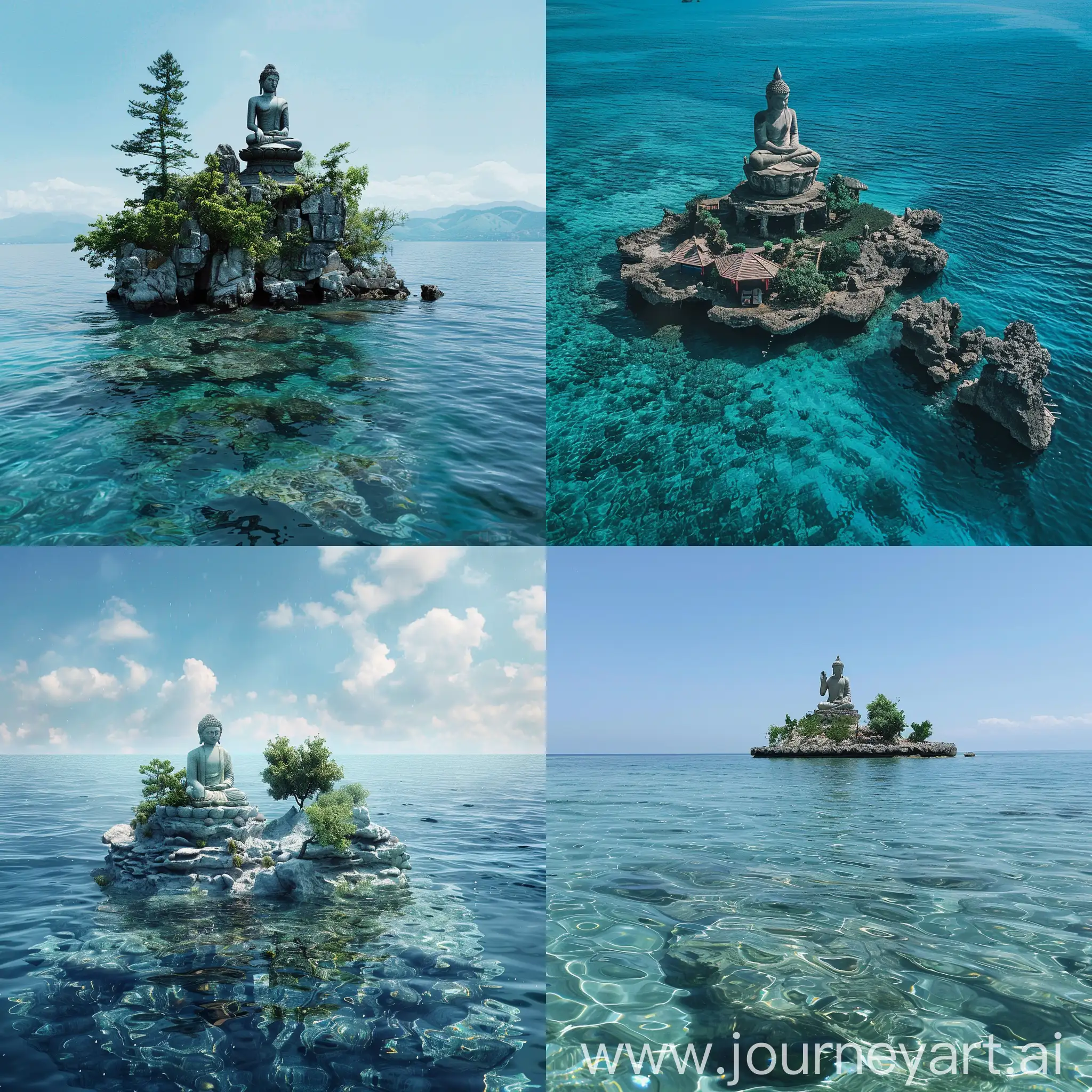 海中央有座岛，岛上有一尊佛像，神秘的氛围，超清