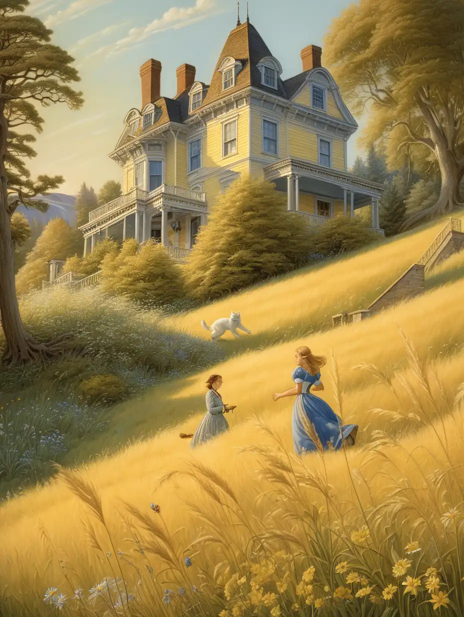 Enchanting Scene Maxwell ParrishInspired Yellow Tabby and Woman Ascending to Victorian House