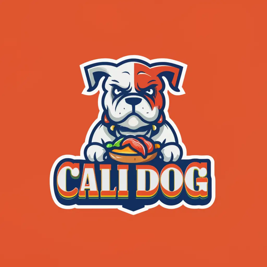a logo design,with the text "Cali Dog", main symbol:mean bulldog holding plate,complex,be used in Retail industry,clear background