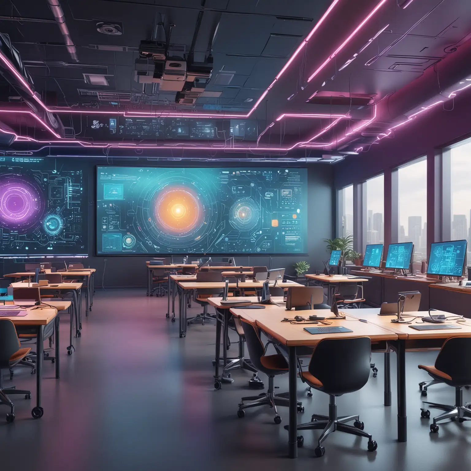 create a detailed image of a futuristic classroom wih elements of ai and innovation. create bold colors and a mood of curiosity
