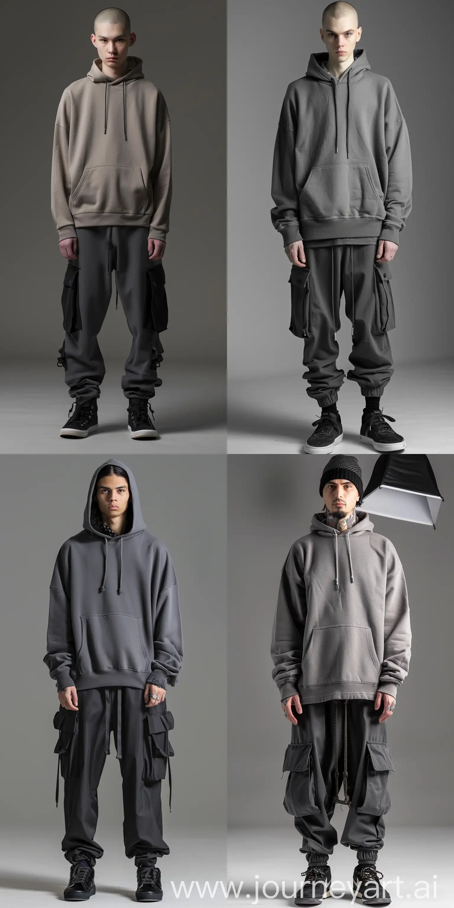 capturing a model, a man wearing a basic hoodie, matte black, dark grey cargo jogger pants, skate shoes, high tonal range, Nikon D4, f/5.6, solid grey background, studio light set --ar 9:18 --style raw