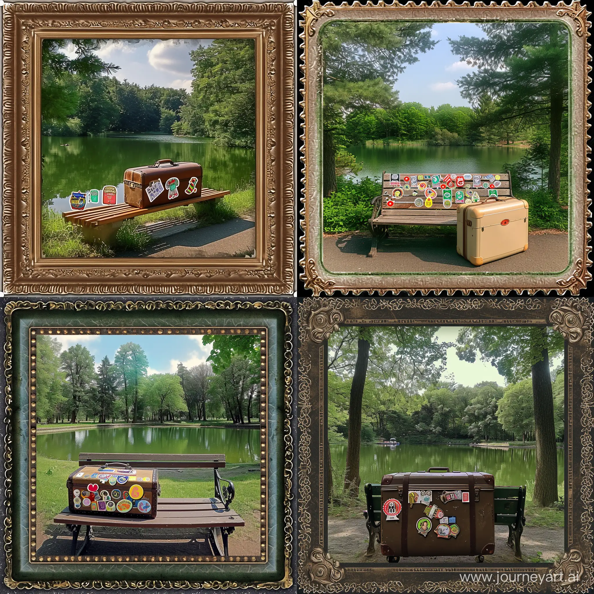 Take photos in the form of a framed postage stamp, it should depict a bench on which lies a suitcase with stickers on it, and in front of a small beautiful lake, green trees around.