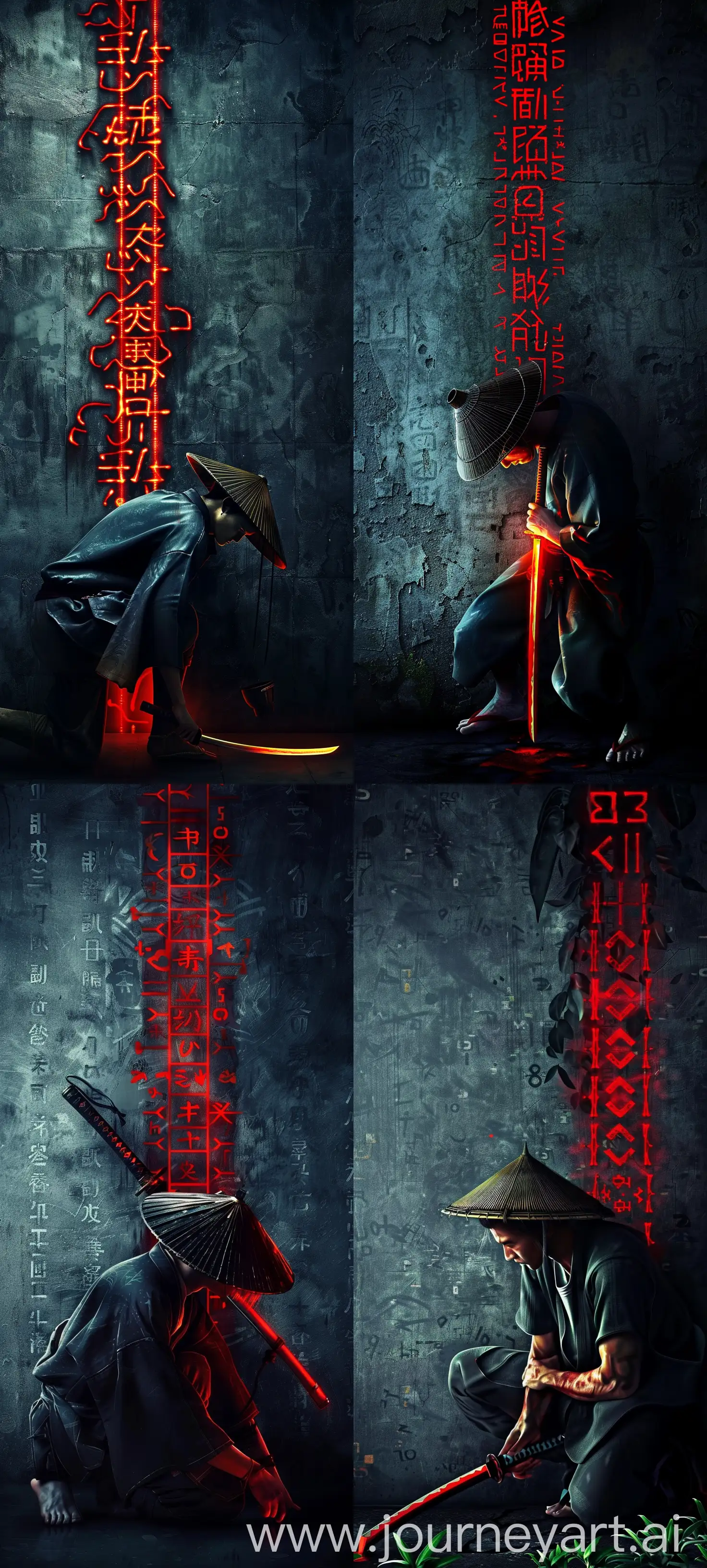 A samurai stands on one knee against a gray wall with a matrix code of glowing red hieroglyphs running along it, leans on a glowing katana, looks down, head completely hidden behind a bamboo hat, intricate, glow, dark background, hyperrealistic, 8k --sw 750 --ar 9:20 --sref https://i.postimg.cc/m2M14nWJ/e0b3fdb340db0f79c2d2f9d8b1c97819.jpg