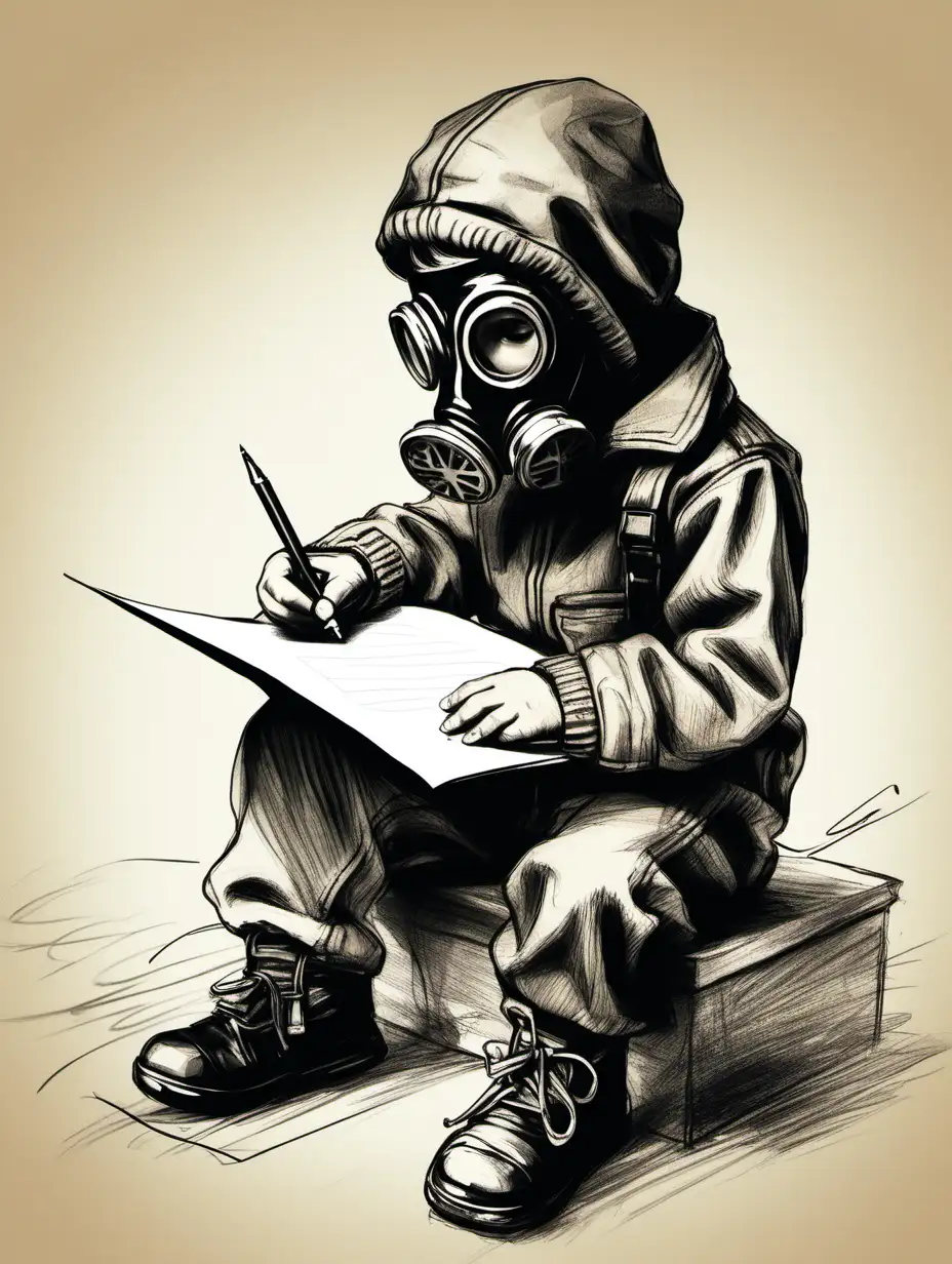 Little boy with Gas mask writing a letter sketch