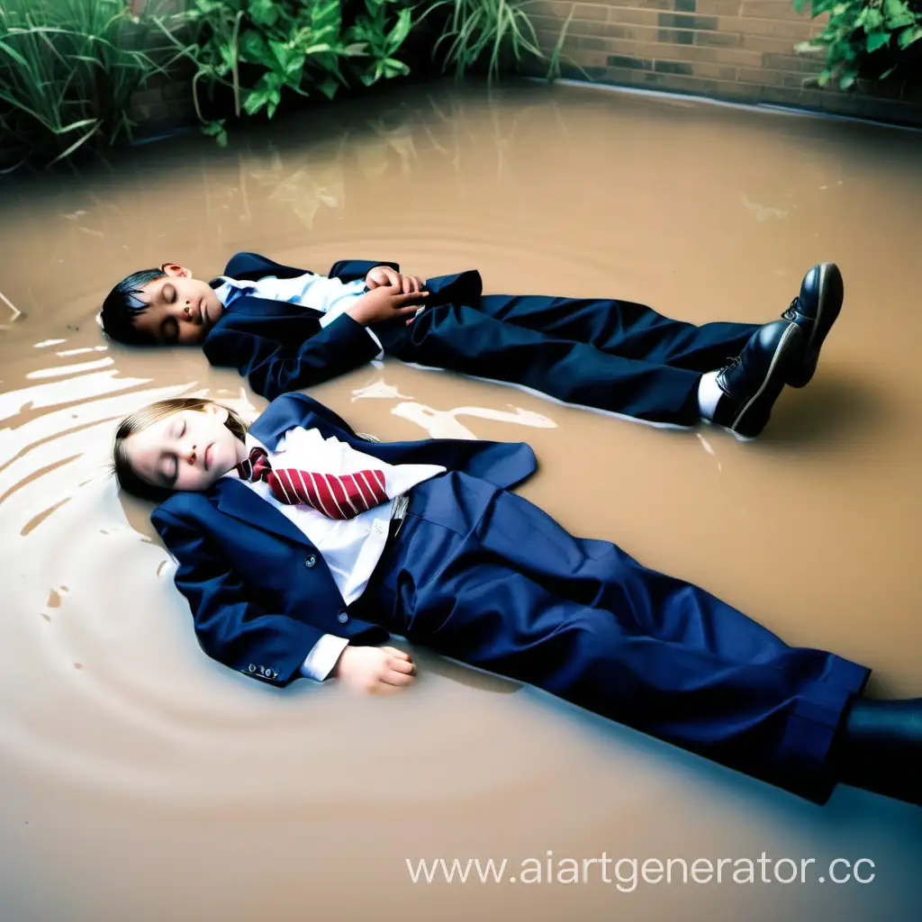 Children-in-Formal-Attire-Napping-in-Flooded-Bed