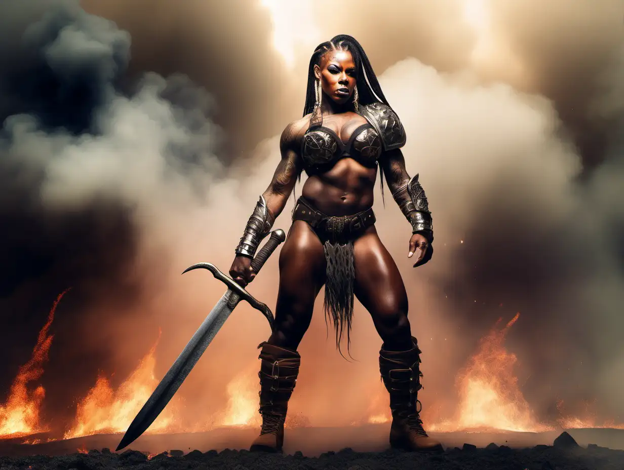 full height big tattooed extremely muscular black female barbarian bodybuilder with hair in a single braid with a tiara on  her head wearing tan leather armor standing on a battlefield carrying a bloody sword with smoke and flames in the background