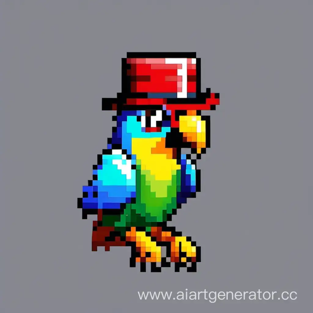 Vibrant-Pixel-Art-Colorful-Parrot-Wearing-a-Stylish-Red-Hat