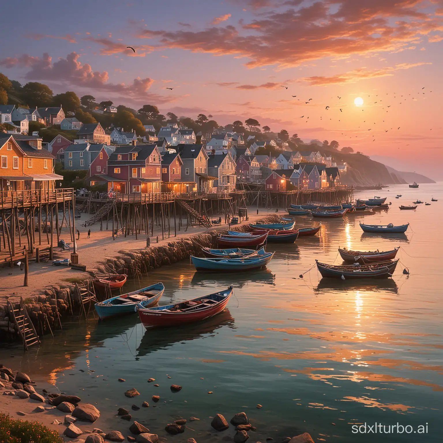 "Visualize a picturesque scene of a fishing village at dusk, with colorful boats moored along the coastline and fishing nets hanging out to dry, while the sky transitions into hues of orange and pink. The quaint cottages nestled along the shore exude a sense of cozy warmth, their windows aglow with the soft light of evening. As the sun dips below the horizon, casting a golden glow over the tranquil scene, the village comes alive with the bustle of fishermen returning from their day's work. Seagulls swoop and cry overhead, adding to the atmosphere of maritime charm. Every detail, from the weathered hulls of the fishing boats to the intricate patterns of the nets, tells a story of tradition and livelihood. It's a moment of quiet beauty, reminiscent of the idyllic coastal scenes captured by artists like Winslow Homer, who found inspiration in the simple rhythms of seaside life."