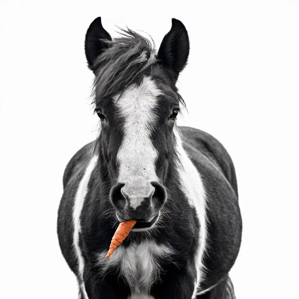 Very near Close up on a rugged sweet pony, who is looking at you , while an orange carrot is sticking out from his mouth , pointed ears, black and white photograph, Sally Mann style