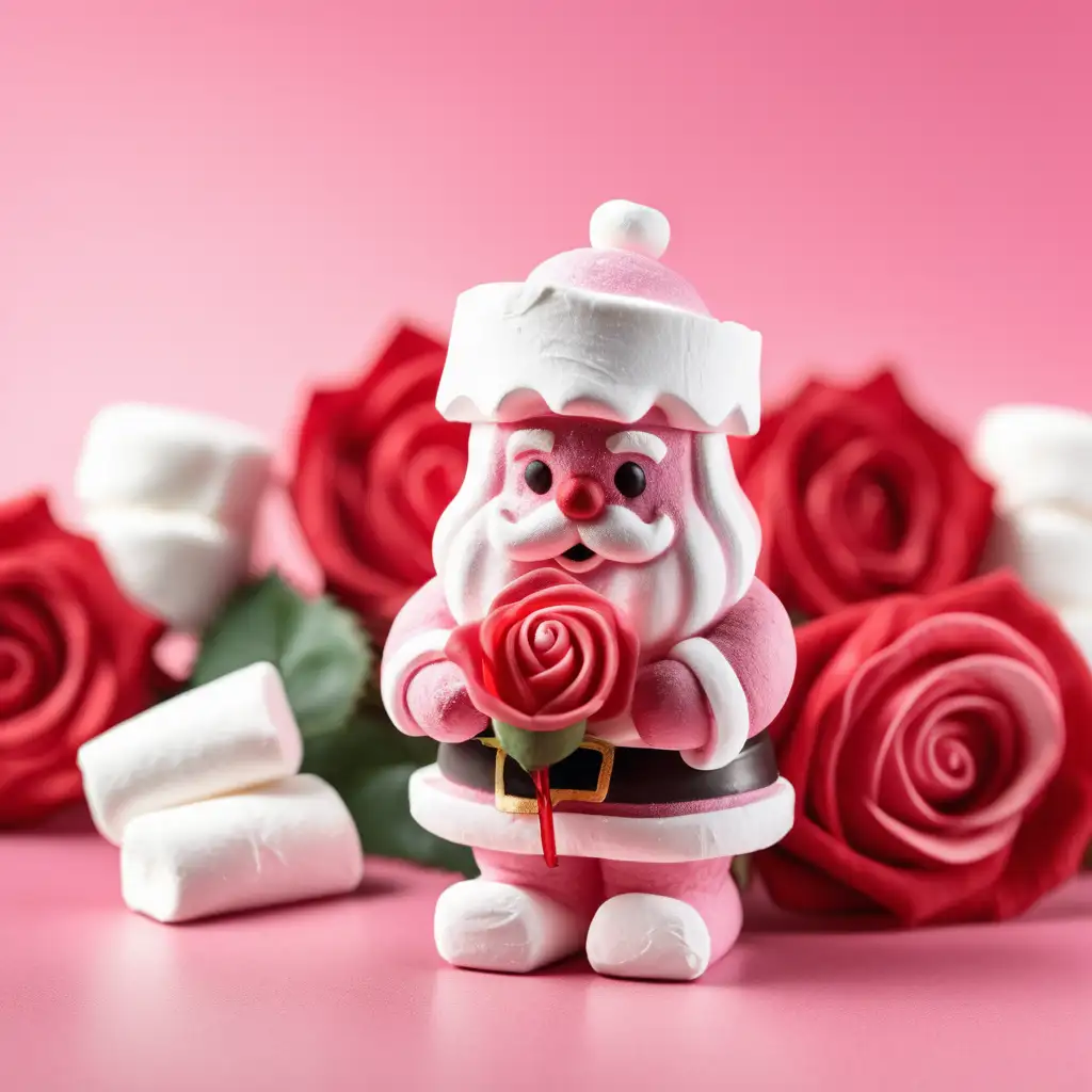 A pink and white marshmallow santa claus holding a red rose, with a background of pink and white marshmallowcandy in the shape of roses