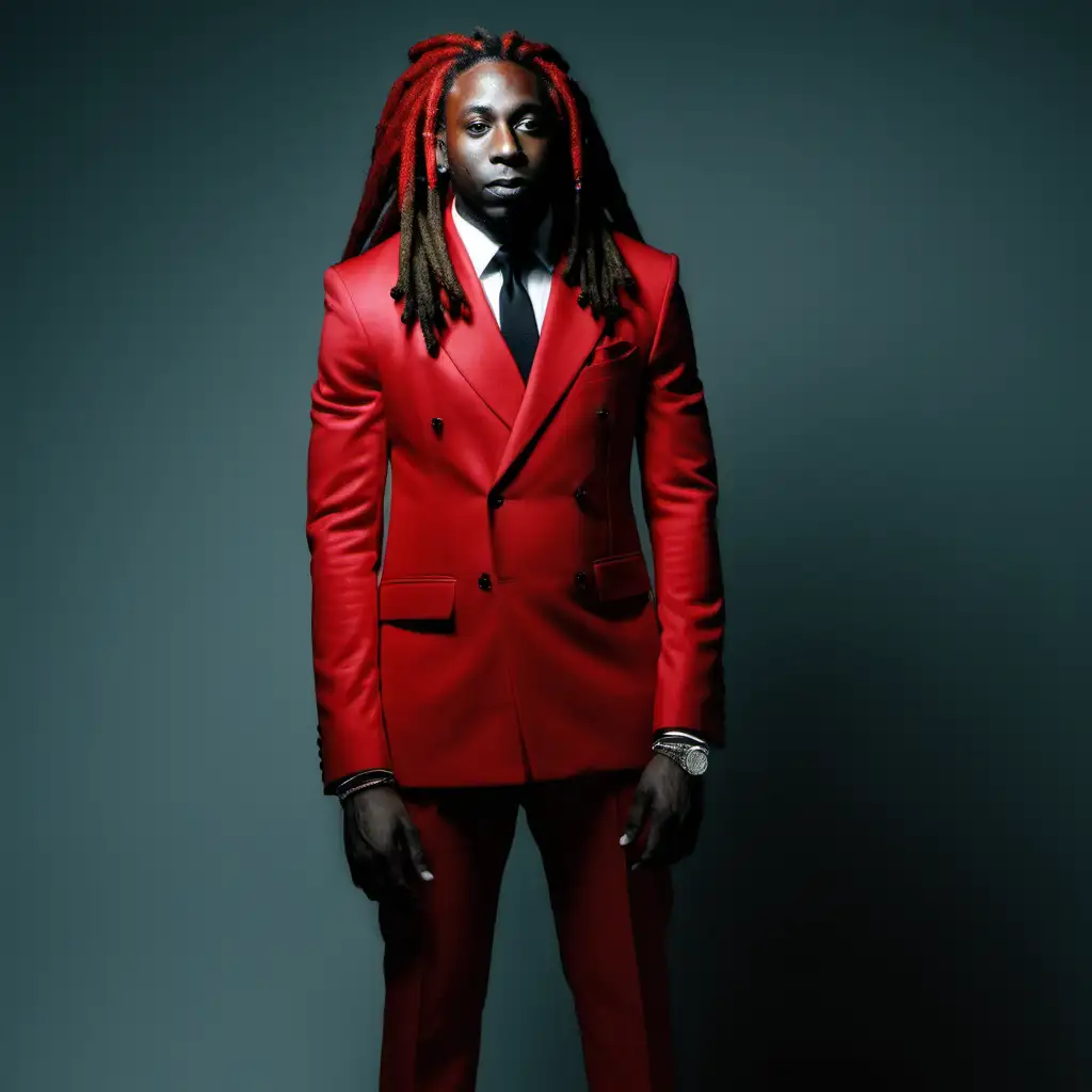 Stylish Black Man in Vibrant Red Suit with Dreadlocks