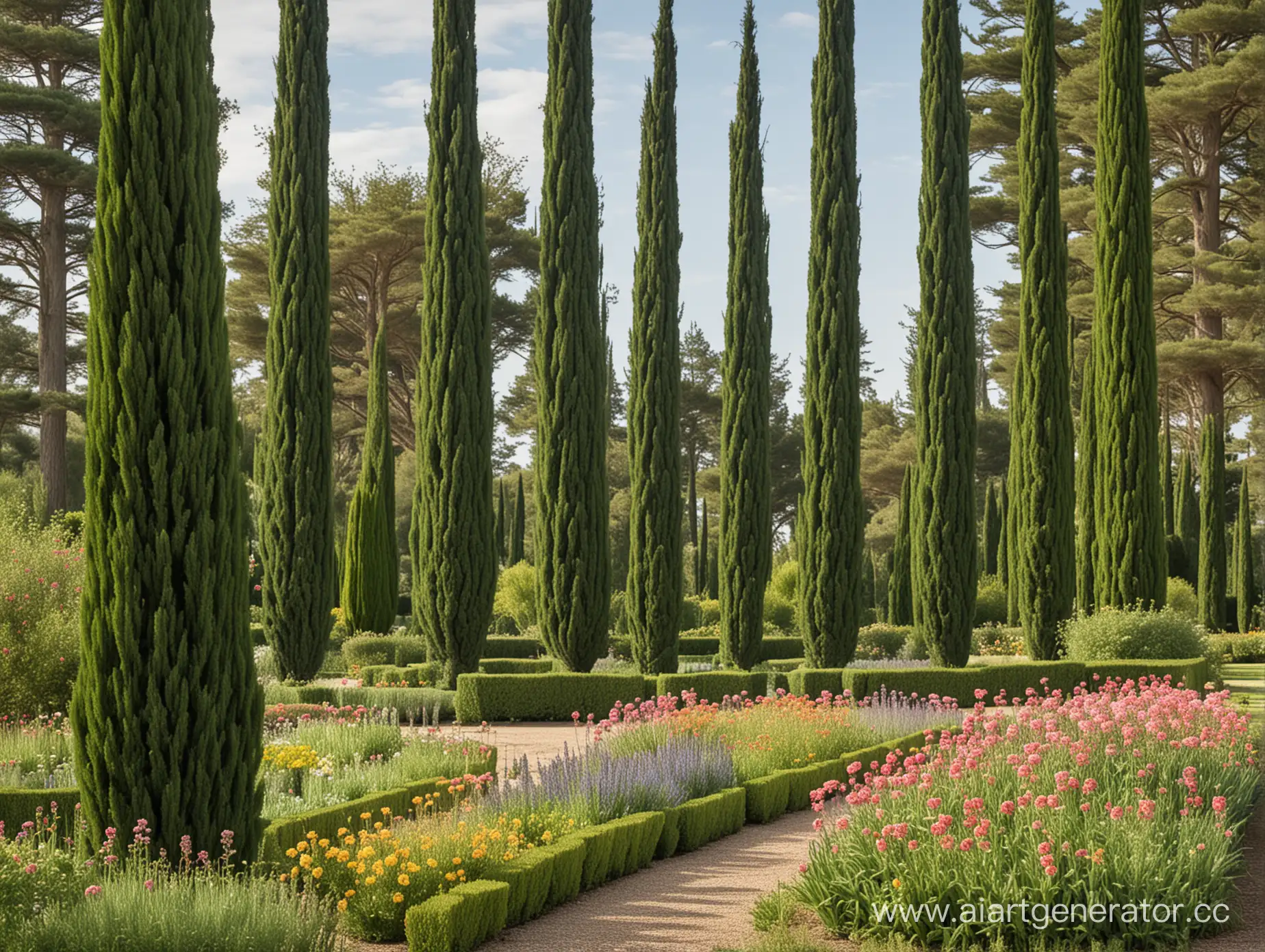 Serene-Garden-with-Vibrant-Flowers-and-Towering-Cypresses