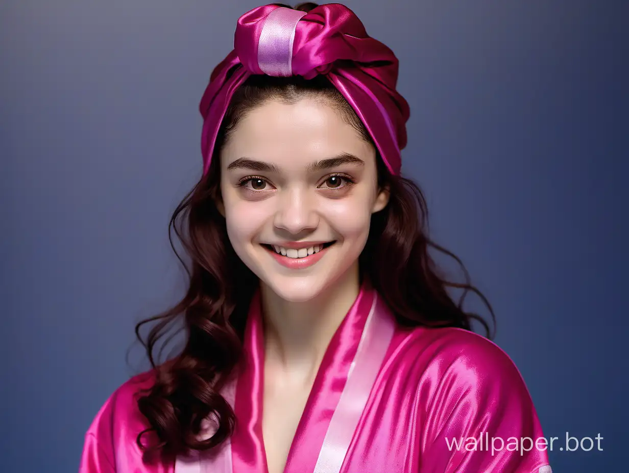 Yevgenia Medvedeva smiles beautifully with long hair in a silk robe of fuchsia color with a pink silk towel turban on her head
