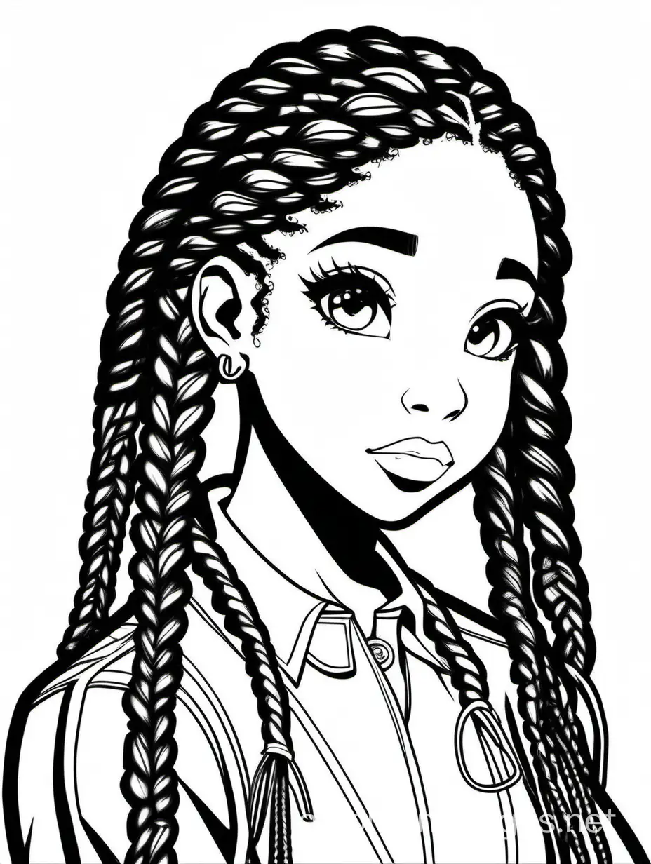 Black girl anime style with braids, Coloring Page, black and white, line art, white background, Simplicity, Ample White Space. The background of the coloring page is plain white to make it easy for young children to color within the lines. The outlines of all the subjects are easy to distinguish, making it simple for kids to color without too much difficulty