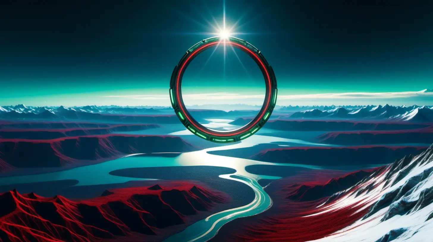 a cyberpunk photorealistic style of a blue green planet  with rings around it landscape with a CANON EF 16-35MM F/2.8L III USM LENS from the vantage point above earths blue  in the horizon and Snow top mountains and  red rivers  and the sun in distance 