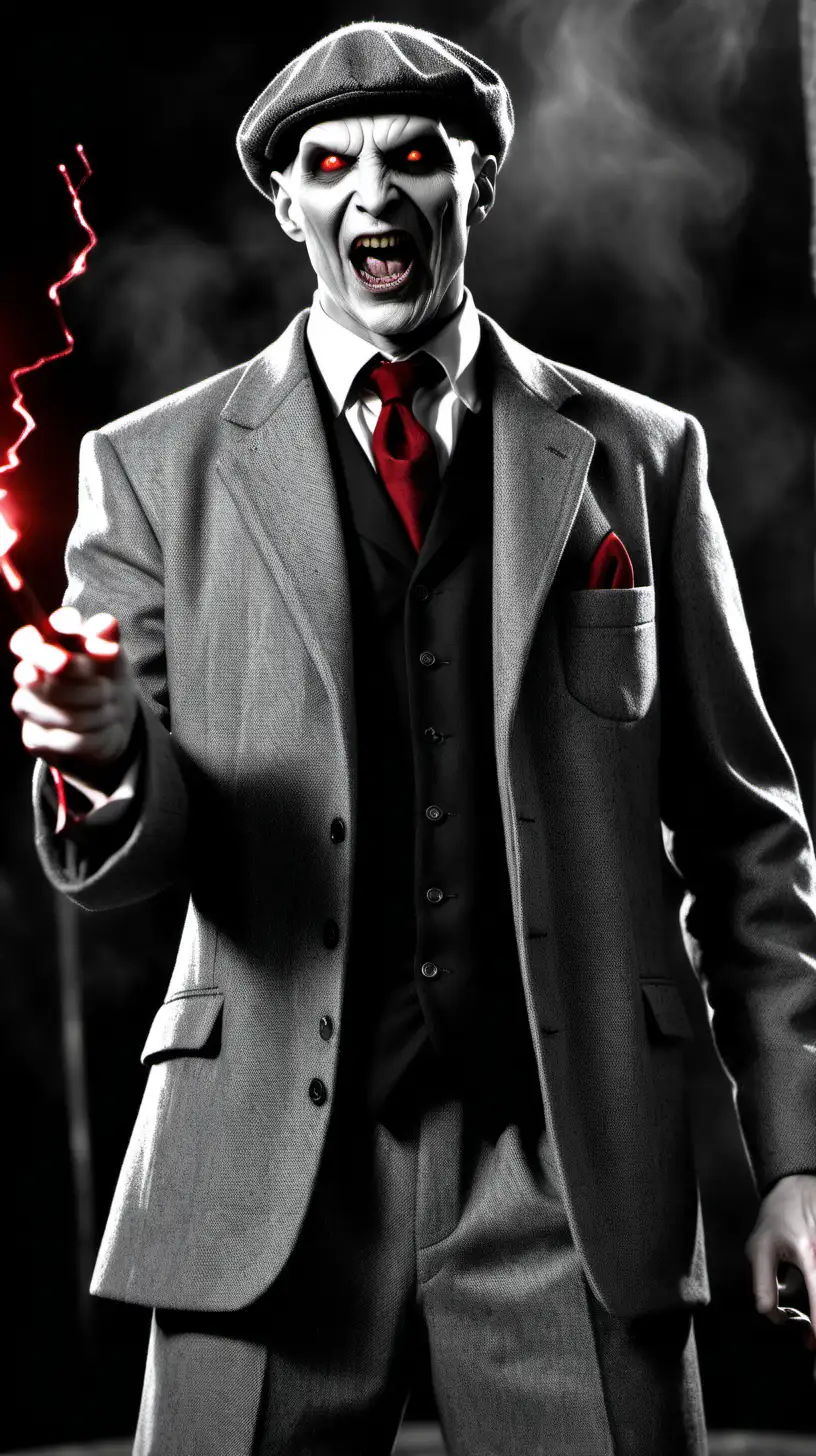 a battle scene, black and white, sin city style, a little smiling Lord Voldemort with red eyes, dressed in grey tweed suit and wears grey tweed cap, black shirt and red necktie, standing on arena, concentrated, holding a magic wand in his right hand and spells a spell, hyper-realistic