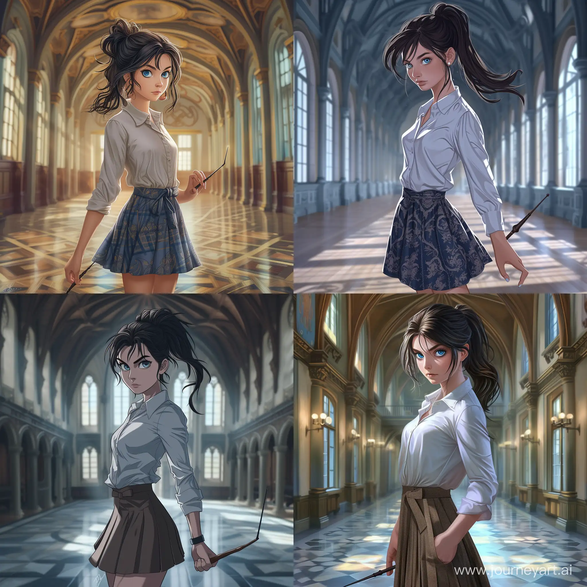 Beautiful girl, disheveled dark hair tied in a ponytail, blue eyes, white skin, teenager, 15 years old, Hogwarts, Ravenclaw, skirt and blouse, standing in a spacious hall, magic wand, magic duel, spell, full height, high quality, high detail, cartoon art