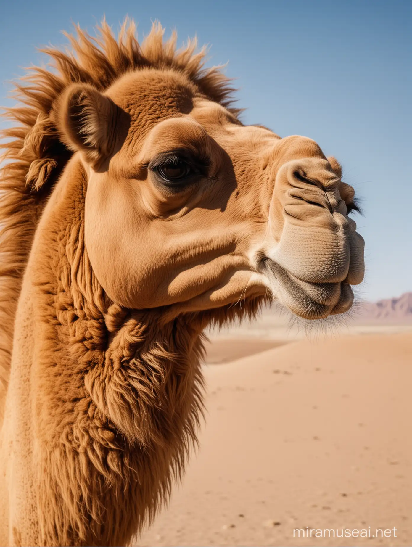 沙漠戈壁上，近距离下，一头雄壮、浓密鬃毛、威风凛凛的骆驼，看向左边。