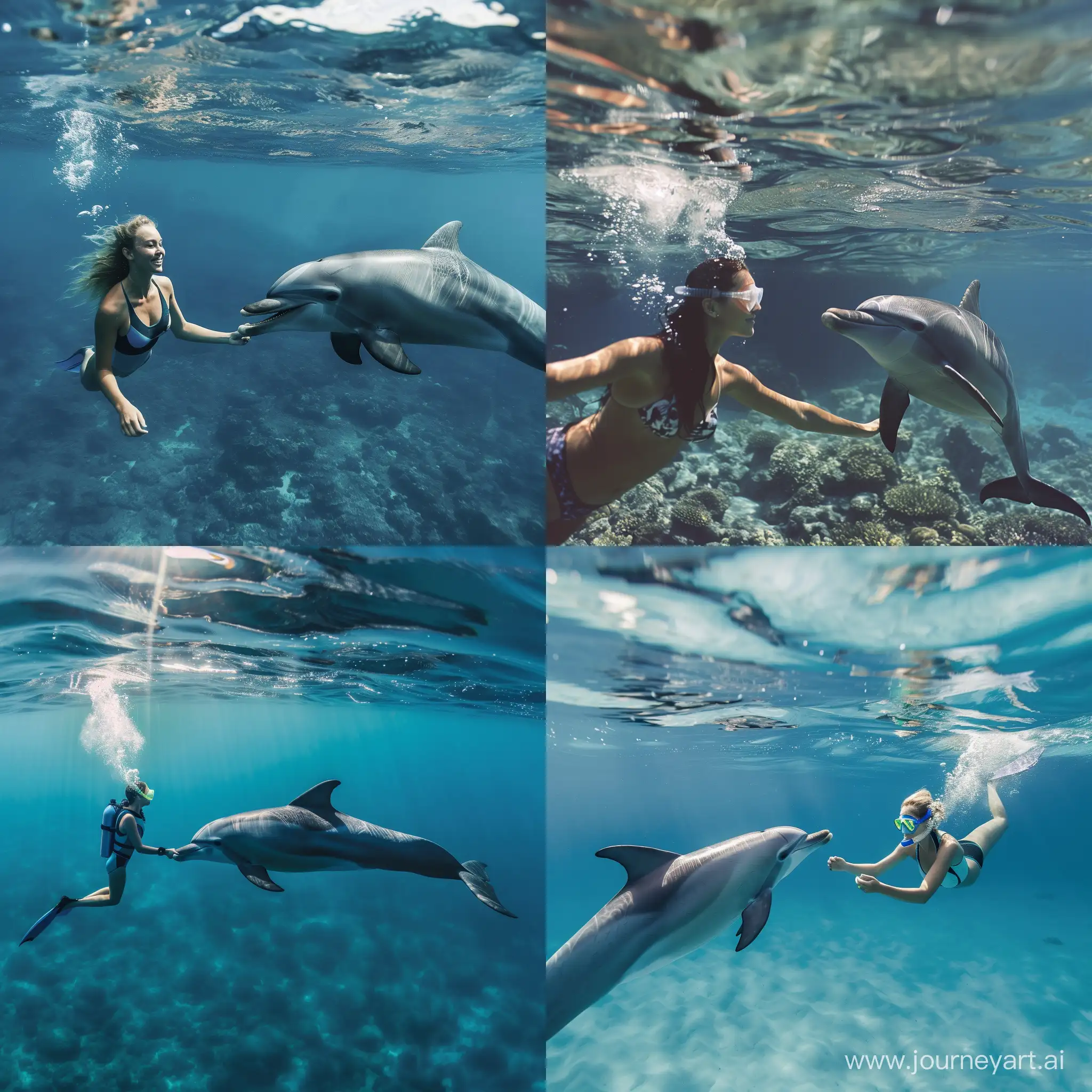 a woman swimming next to dolphin