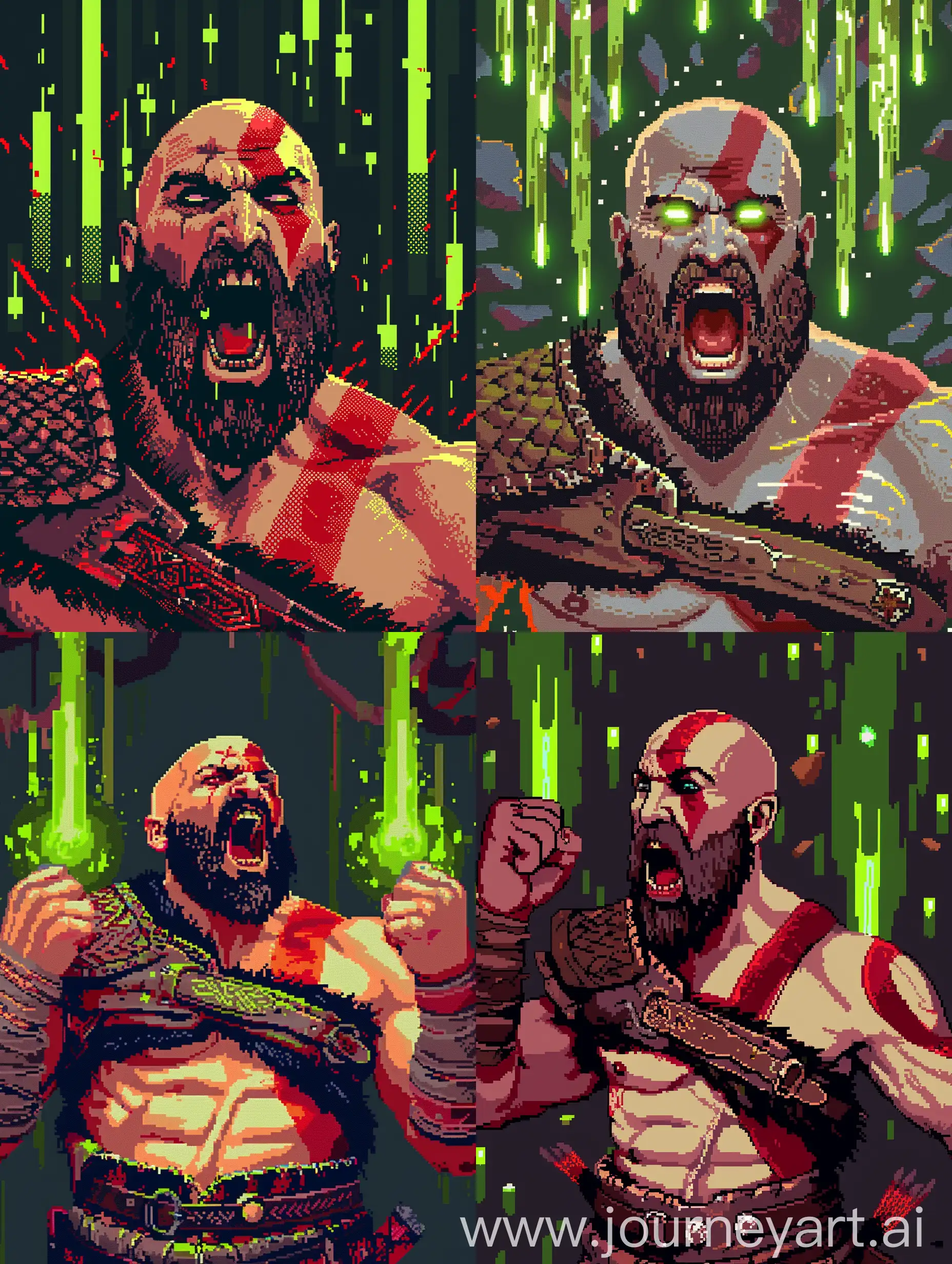 Pixel-Art-16-Bit-Kratos-Shouting-Trading-Advice-with-Green-Candles