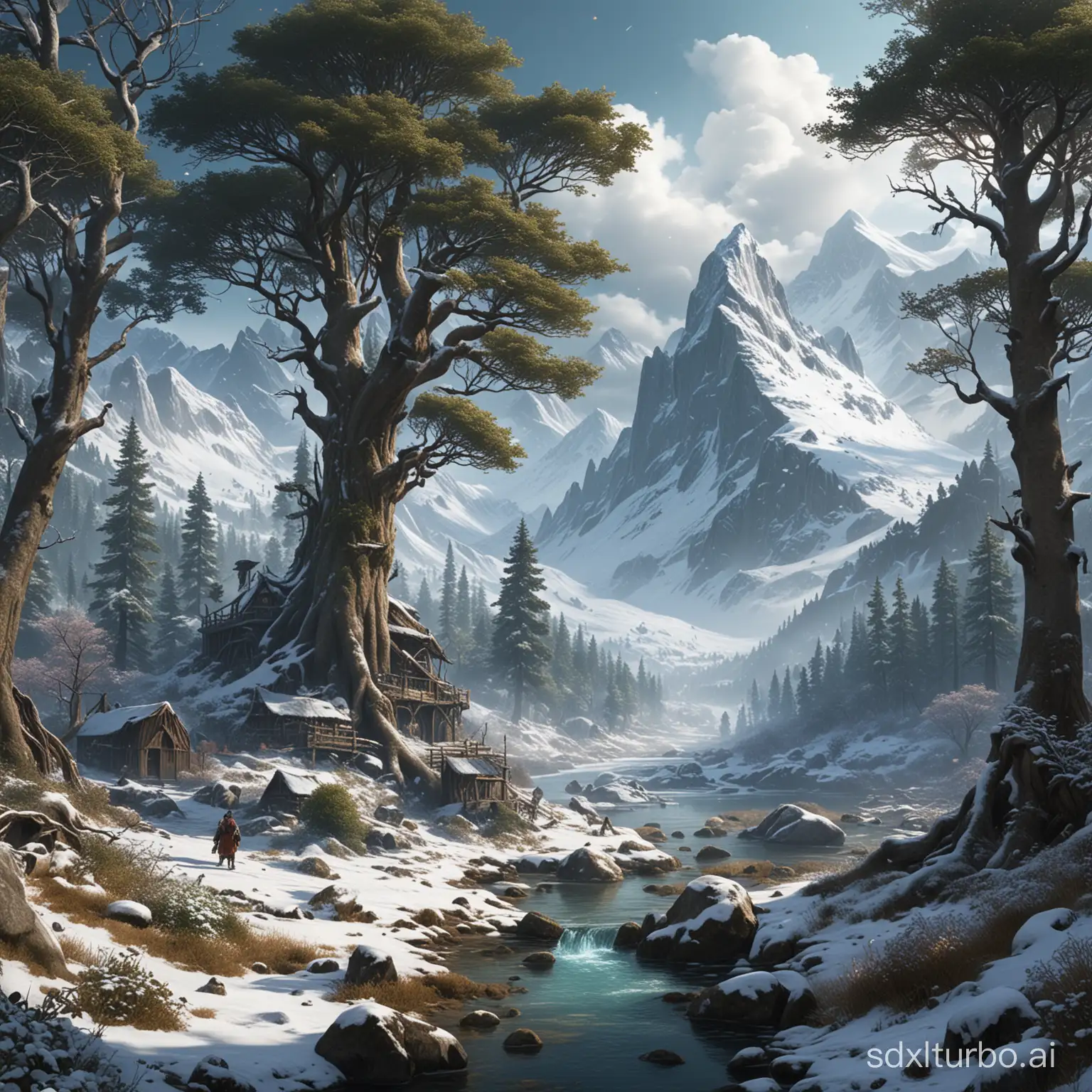 Scenario: A magical and mysterious world full of fantastic creatures and impressive landscapes, such as enchanted forests and snowy mountains.
