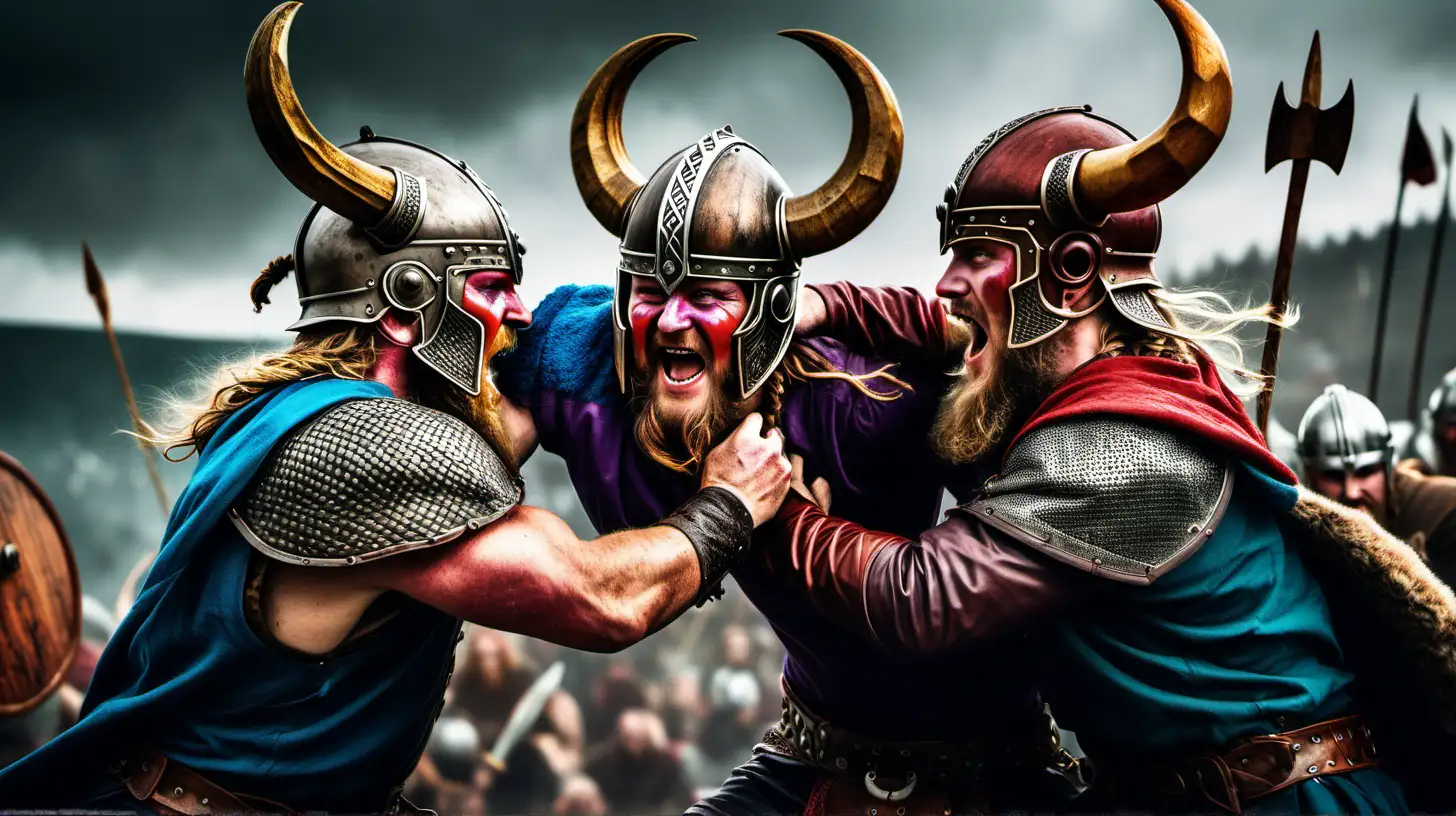 create an epic, vivid image of vikings tackling each other with their horned helmets