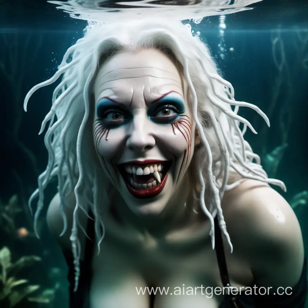 Баба-яга с лицом Gianna Michaels, big nose, under water, white hair, smile