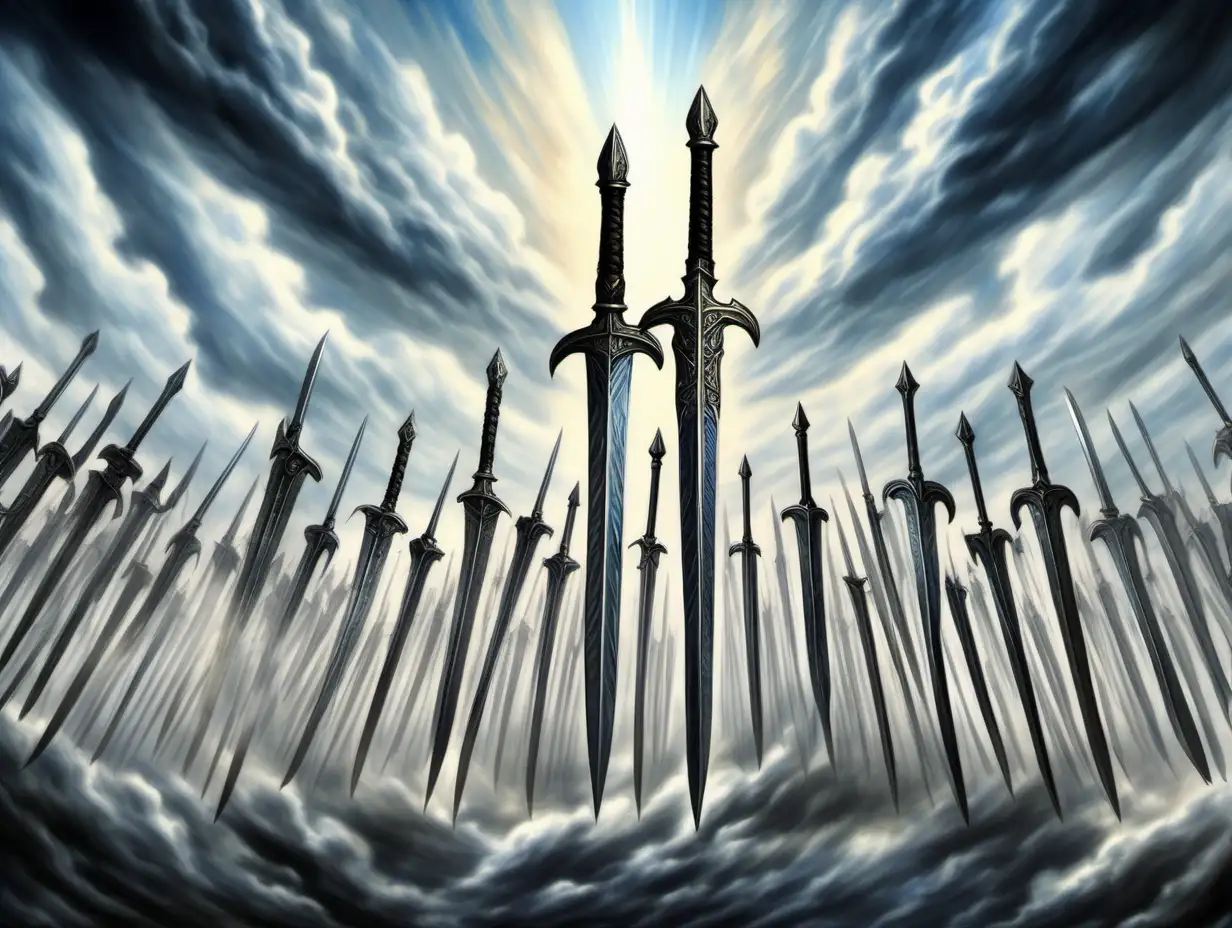 protective wall of flying sword blades, pointing outwards, sky background, Medieval fantasy painting