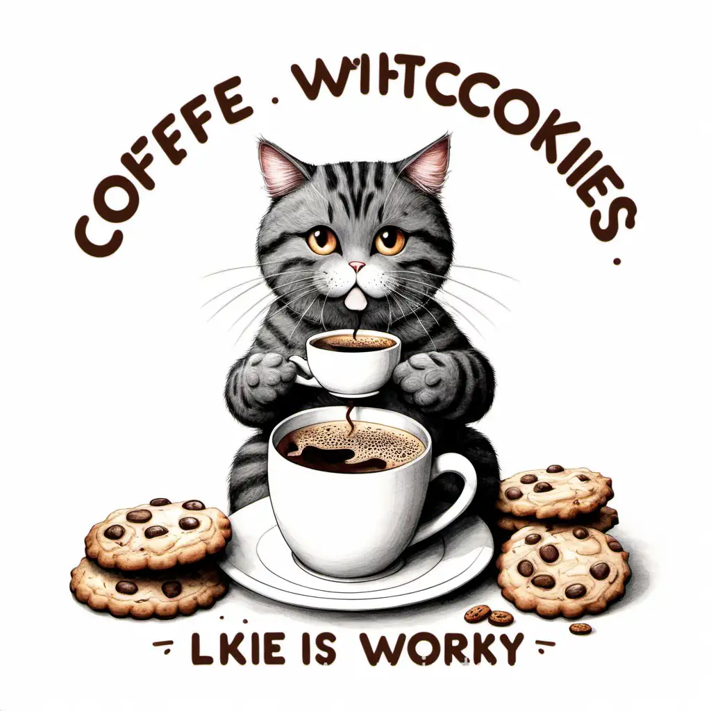 Кот сидит, с чашкой кофе левой руке, в правой руке у него печенье, на белом фоне,
И надпись "кофе без печенек, как работа без денег" 