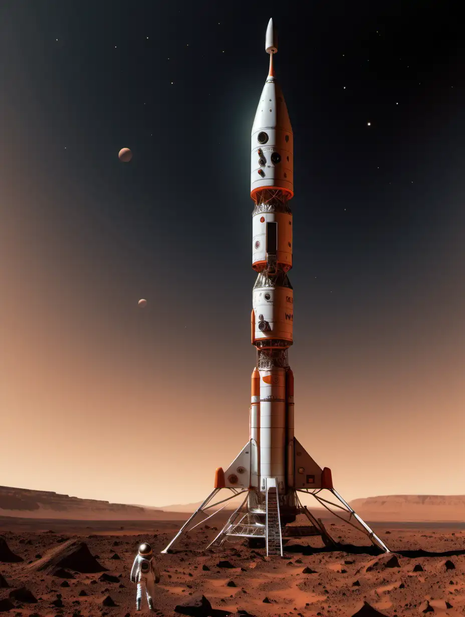 A 100-foot tall space rocket on the surface of Mars. A woman astronaut is on a short steep ladder. The sky shows only the sun and distant stars.