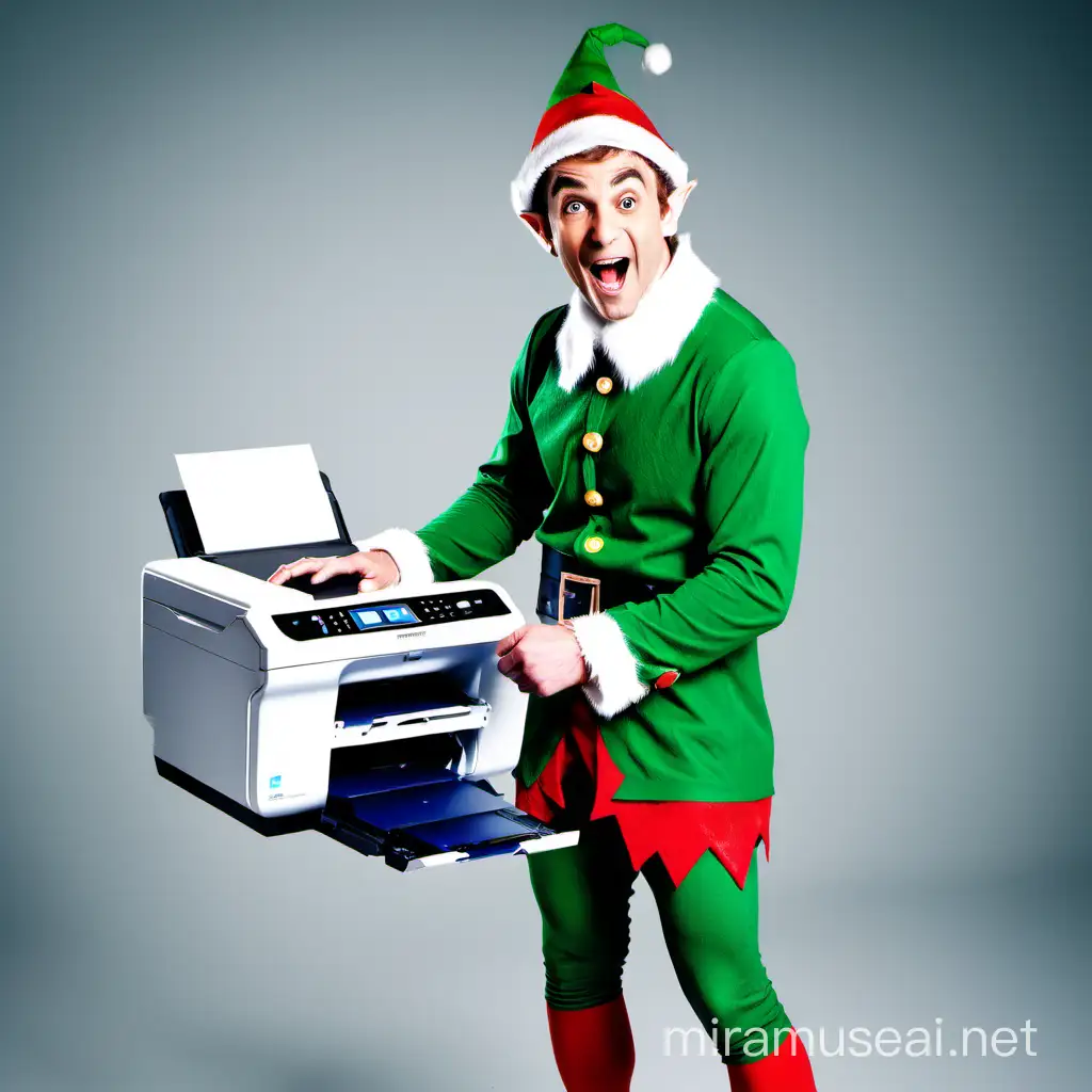 a mischievous elf with an office printer in his hands