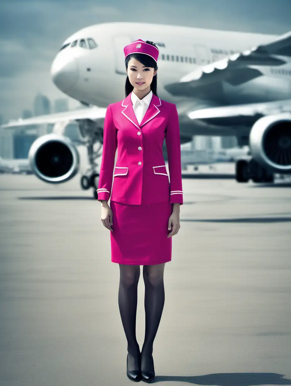 /imagine prompt : An ultra-realistic full-length photograph captured with a canon 5d mark III camera, equipped with a 70mm lens at F 1.8 aperture setting, portraying an elegant 18 years old Hong Kong woman absolutely from the side, wearing modern flight attendant bright pink uniform with black pantyhose [photorealistic] The background is empty white, highlighting the subject. The image, shot in high resolution and a 9:16 aspect ratio, captures the subject’s natural beauty and personality with stunning realism Soft spot light gracefully illuminates the subject’s arm, and all body is illuminated very well, casting a dreamlike glow. –ar 9:16 –v 5.2 –style raw