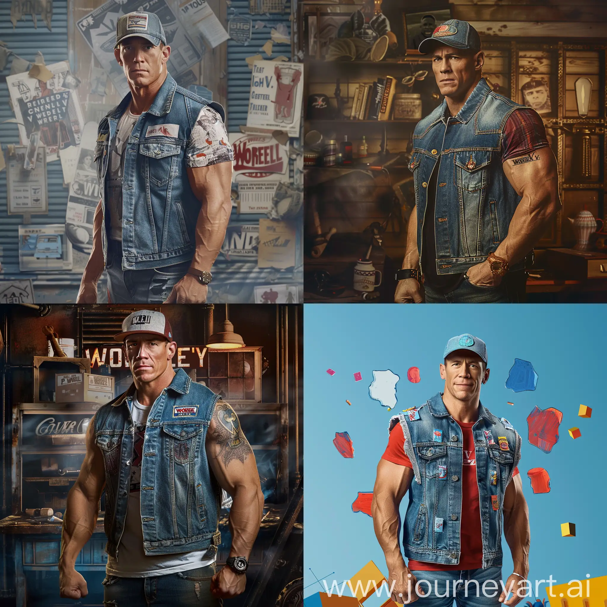 Create an image featuring John Cena as Jim V. Worrell, the son of the iconic character Ernest P. Worrell. Jim stands confidently, wearing Ernest's signature denim vest and a baseball cap, ready to carry on his father's legacy. Surround him with elements reminiscent of Ernest's adventures, evoking nostalgia and excitement for this new chapter in the Worrell saga.