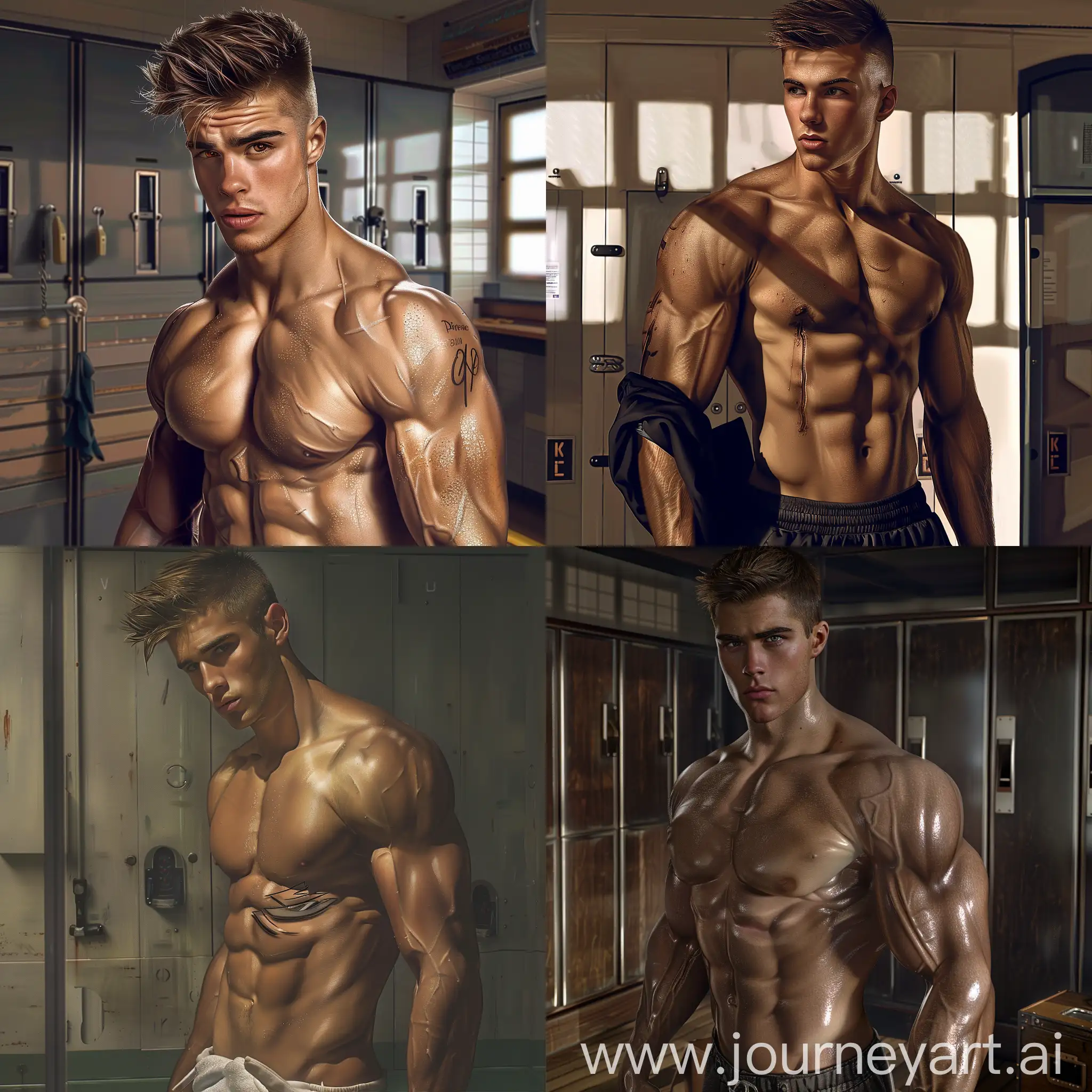  a photorealistic image of a man that resembles Justin-(singer)bieeberposing in a locker room, showcasing his impressive physique