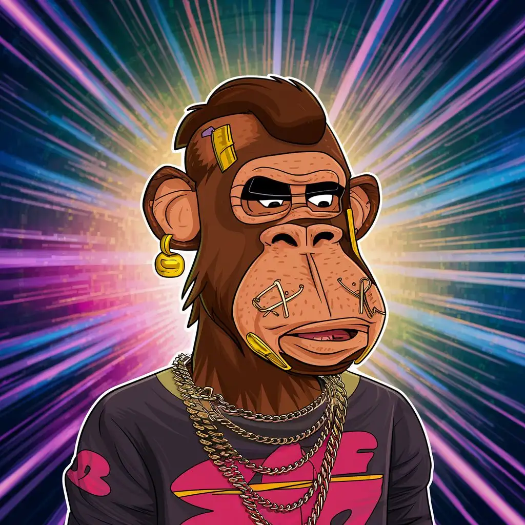 I want you to create a custom bored ape artwork NFT I want the artwork to look like this, but it should have a brown skin, earrings, chains around it's neck and a face mask