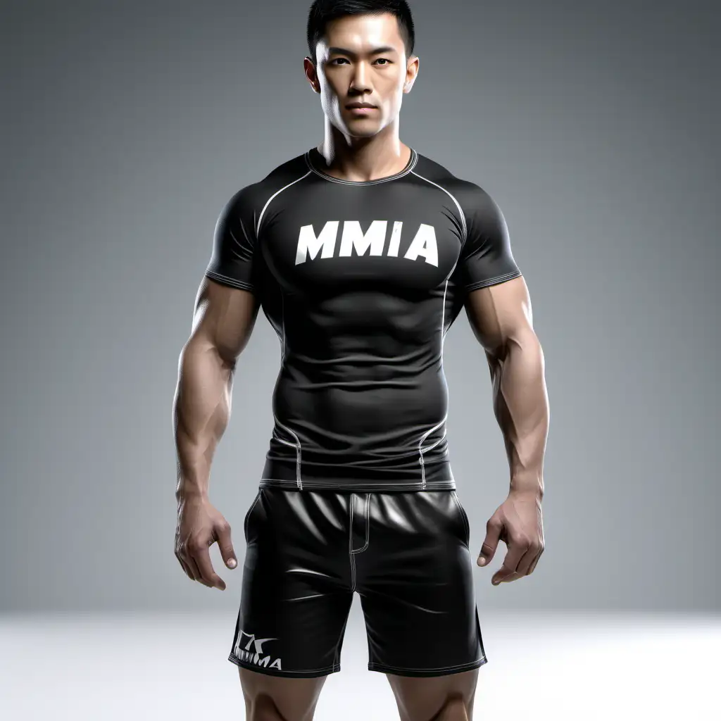 Create a captivating and hyper-realistic 3D render of a solid black skintight MMA training t-shirt and matching MMA shorts. The focus should be on the intricate details of the abs, the fabric, stitching, and texture, showcasing the apparel's high-quality craftsmanship. The scene should be set against a pristine white background, ensuring there are no distractions. Pay meticulous attention to shadows, highlights, and folds in the clothing to achieve a lifelike appearance. The goal is to convey the essence of the apparel's design and functionality without the presence of any individuals in the composition. The final image should exude a sense of professionalism and athleticism, making it ideal for promotional materials or product showcases.
