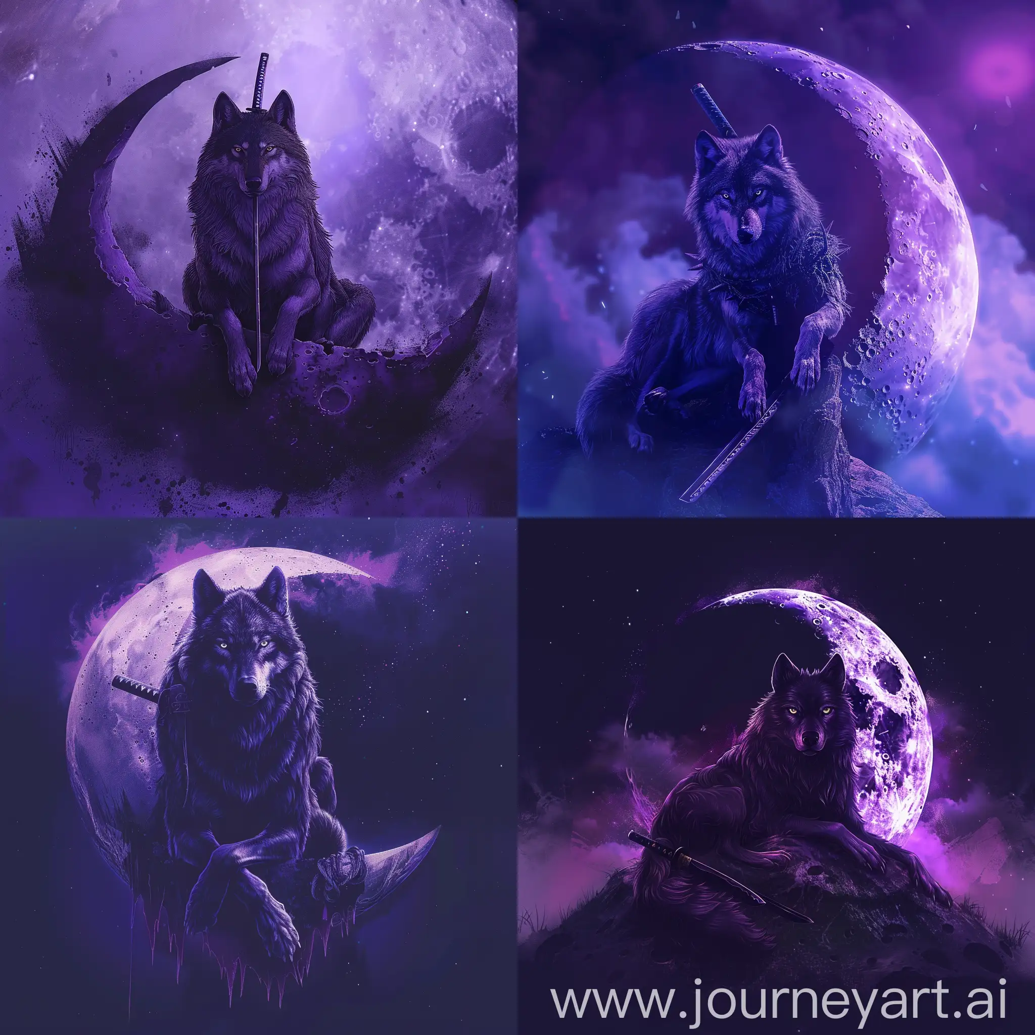 A majestic scene unfolds as a dark, mysterious wolf gracefully rests atop a crescent-shaped half moon. With a keen gaze, the wolf has a gleaming katana in its noble paws, embodying strength and tranquility in the moonlit night. The moon itself casts a mesmerizing, ethereal purple glow that bathes the surroundings in a surreal and enchanting light, highlighting the wolf's silent vigil under the celestial canopy --q 4
