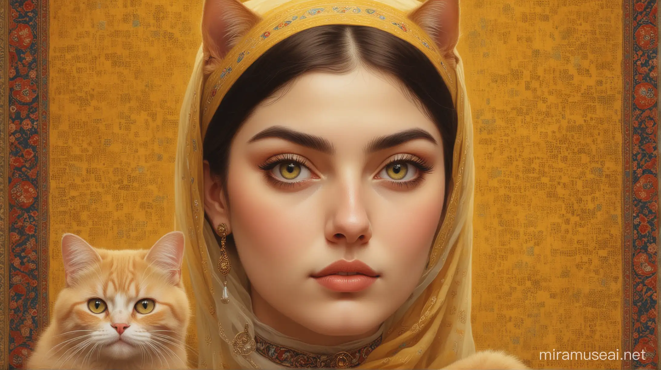 persian qajar girl,yellow persian carpet in back ground beautiful and judgemental, cat-treats paradise, cateyes, artcollage, artsy, evocative, gradients, colorful-light, detailed face, detailed, art by franz stuck, art by sungmoo heo, art by grace aldrich, art by tom bagshaw, art by aykut aydogdu, yuri shwedoff,