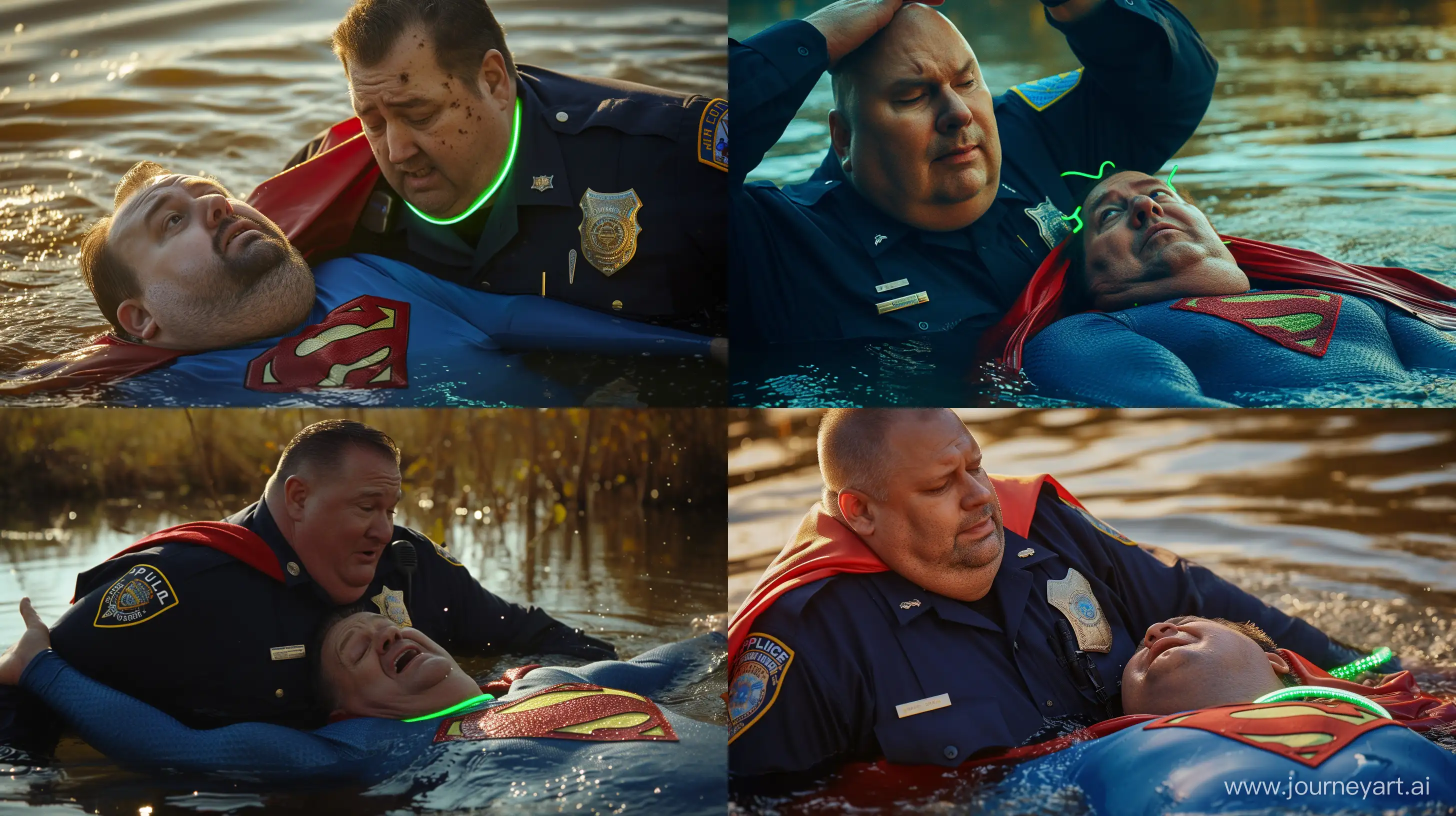 Close-up photo of a fat man aged 60 wearing a navy police uniform. Pulling the head of a fat man aged 60 wearing a tight blue 1978 smooth superman costume with a red cape and a tight green glowing neon dog collar lying in the water. Natural Light. River. --style raw --ar 16:9