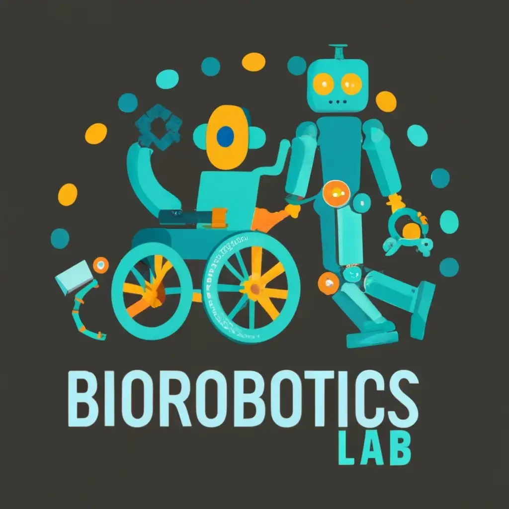 logo, robotic arm, wheelchair, robot links, motors and mobile robot, no textual element, with the text "BioRobotics Lab", typography, be used in Education industry