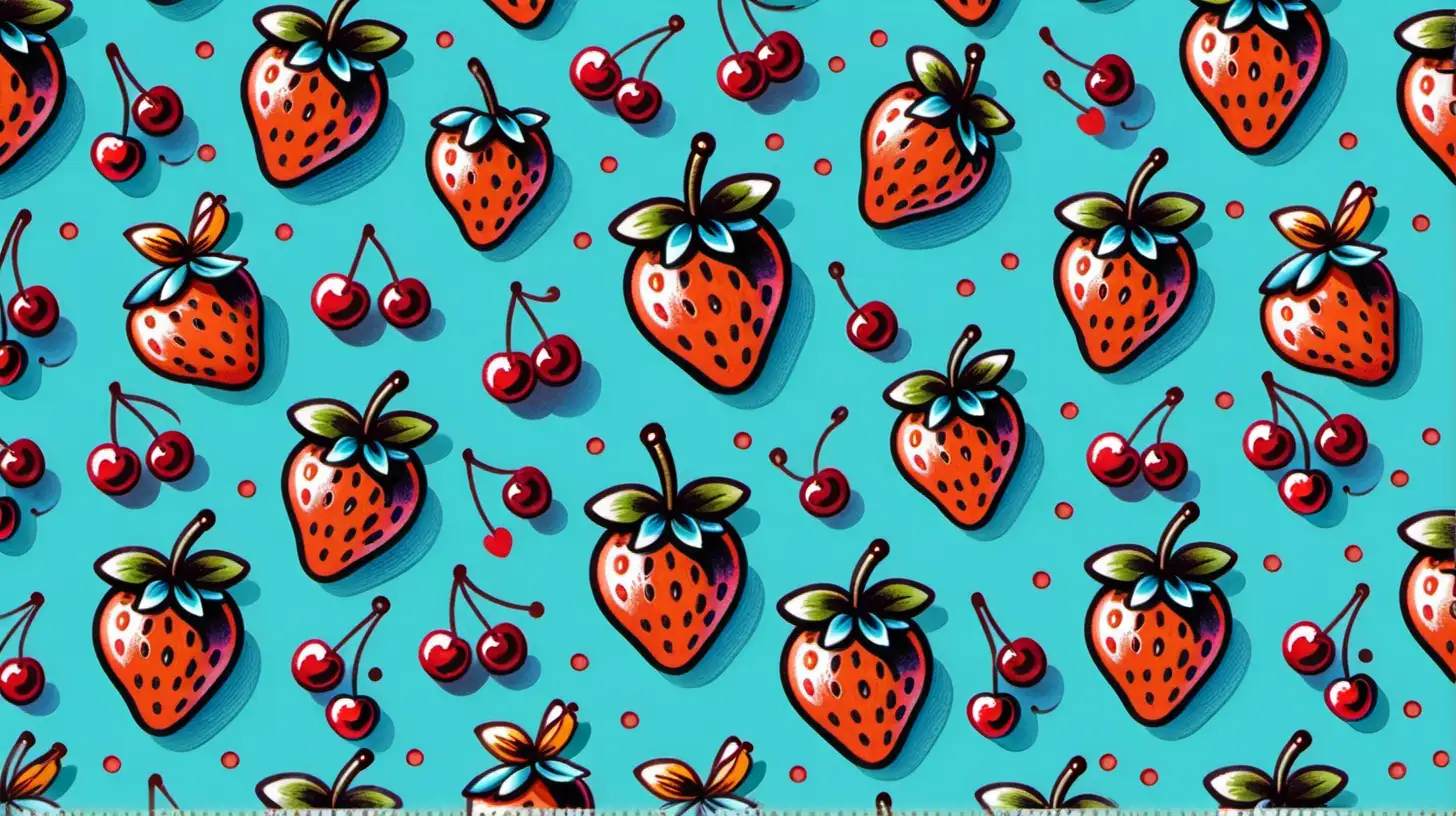 Vintage Rockabilly Tattoo Pattern Seamless with Small Strawberries and Cherries on Blue Background