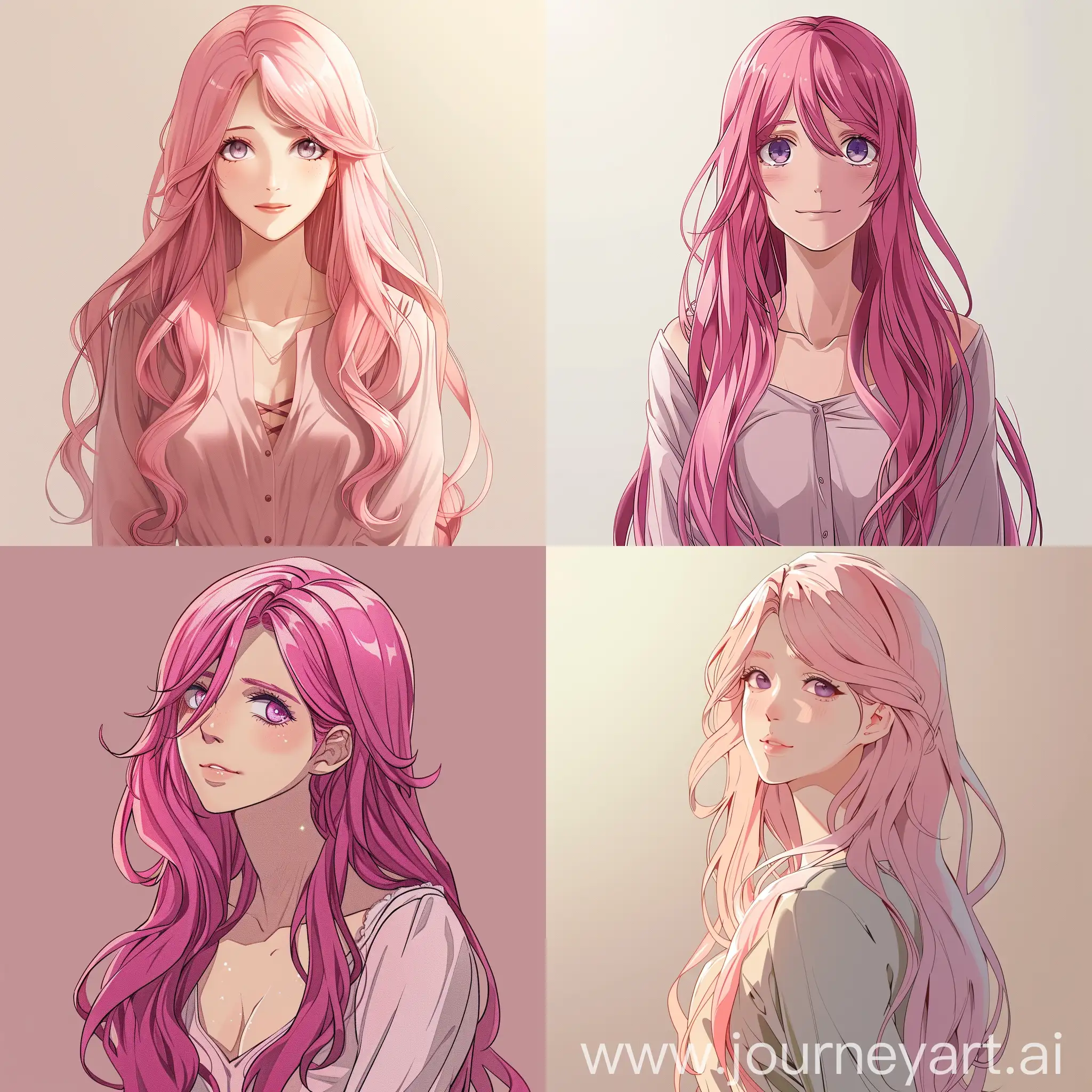 a young woman, long pink hair, pretty face, wearing modest clothes, wirh background, anime style