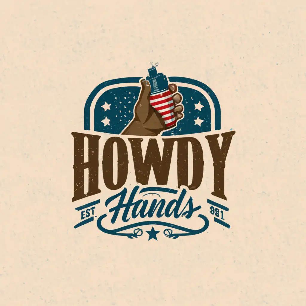 a logo design,with the text 'Howdy Hands', main symbol:a realistic blue collar logo for a brand called 'howdy hands' Include a hand holding a spray can with an american flag design,Minimalistic,clear background