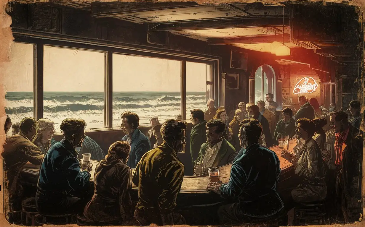 Old comic book art, faded color, halftone ink, interior bar scene, window overlooking ocean, low light