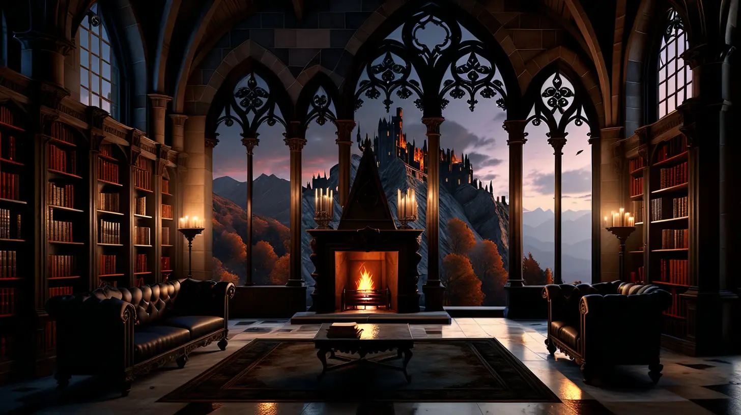 Gothic Castle Library at Twilight with Mountain View